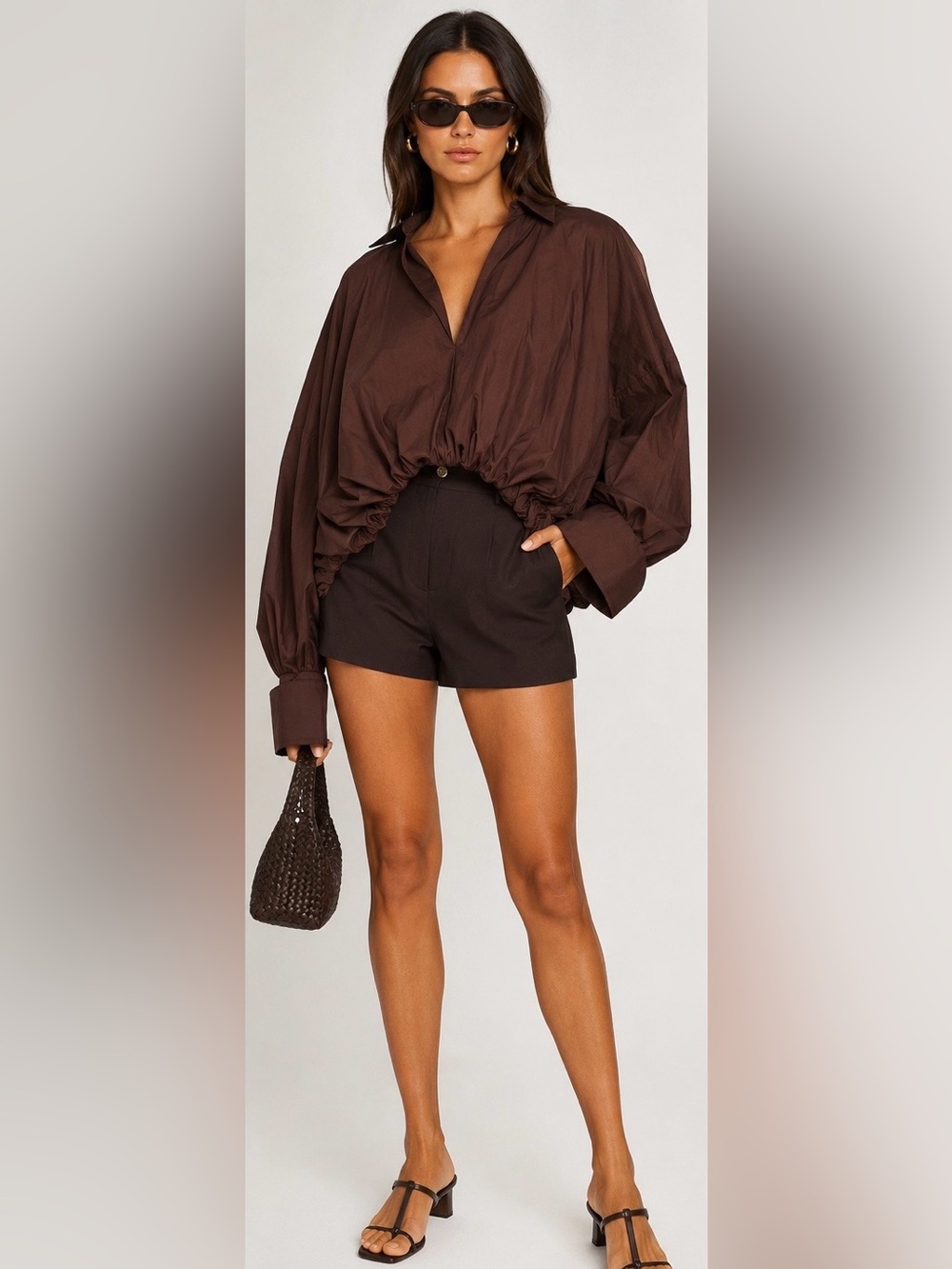 Imperial Italy Oversized Ruched Balloon Blouse Chocolate Brown